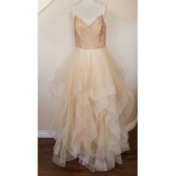 Formal Champagne Sequined Sweetheart Neckline Tulle Ball Gown Prom Dress 14 - Picture 3 of 8